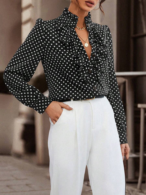 Floral Pleated Polka-Dot Split-Joint Loose Puff Sleeves Stand Collar Blouses