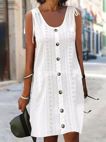 Buttoned Hollow Tied Roomy Sleeveless Round-Neck Mini Dresses