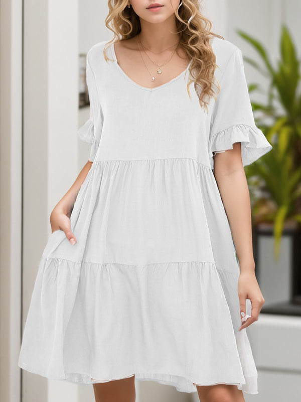 Pleated Pockets Ruffled Solid Color Split-Joint A-Line Flared Sleeves Round-Neck Mini Dresses