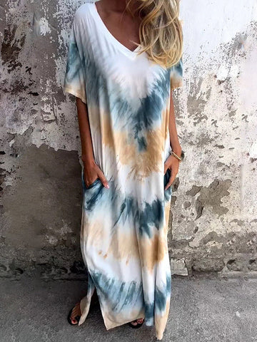 Contrast Color Pockets Tie-dyed A-line Loose V-neck Maxi Dresses