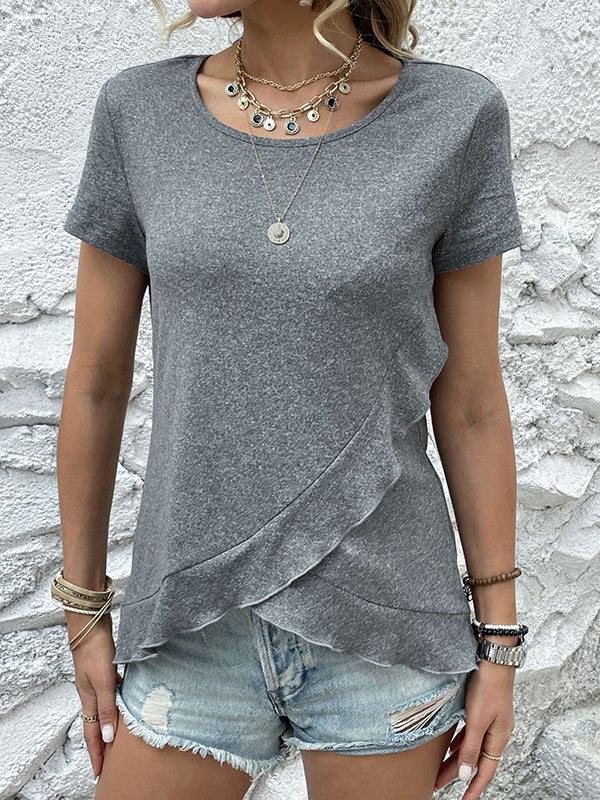 Asymmetric Ruffled Solid Color Split-Joint Loose Short Sleeves Round-Neck T-Shirts Tops