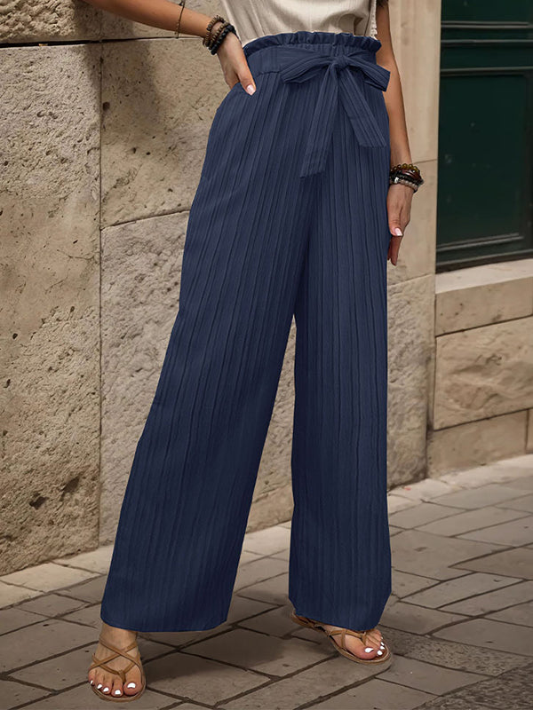 Elasticity Pleated Solid Color Tied Waist High Waisted Loose Trousers Pants