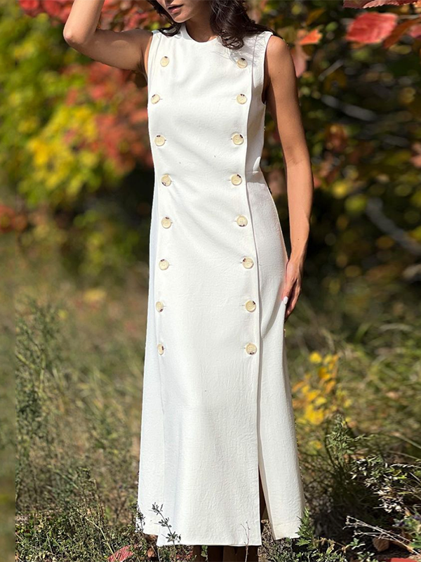 Plain Split-Joint Split-Side Column Sleeveless Round-Neck Maxi Dresses