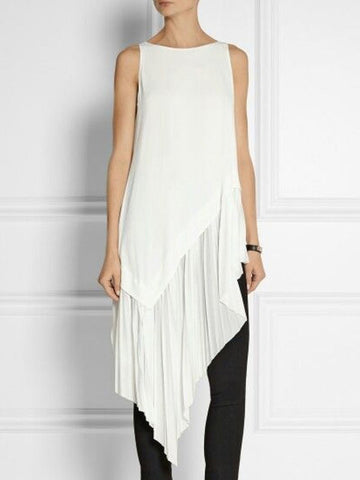 Asymmetric Pleated Split-Joint Irregularity Sleeveless Round-Neck Vest Top