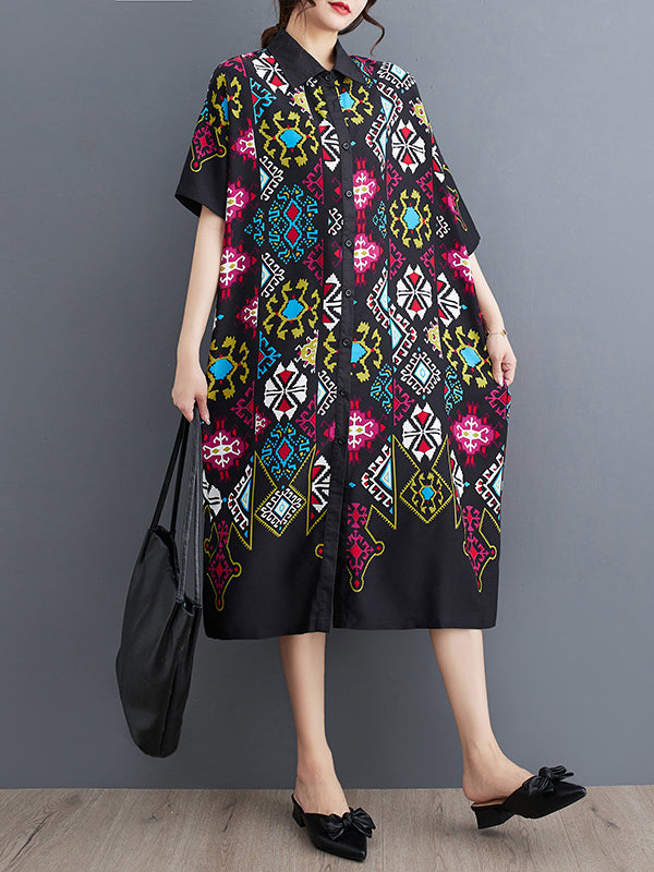 Buttoned Printed A-Line Loose Lapel Midi Dresses