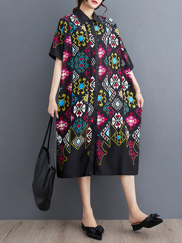 Buttoned Printed A-Line Loose Lapel Midi Dresses