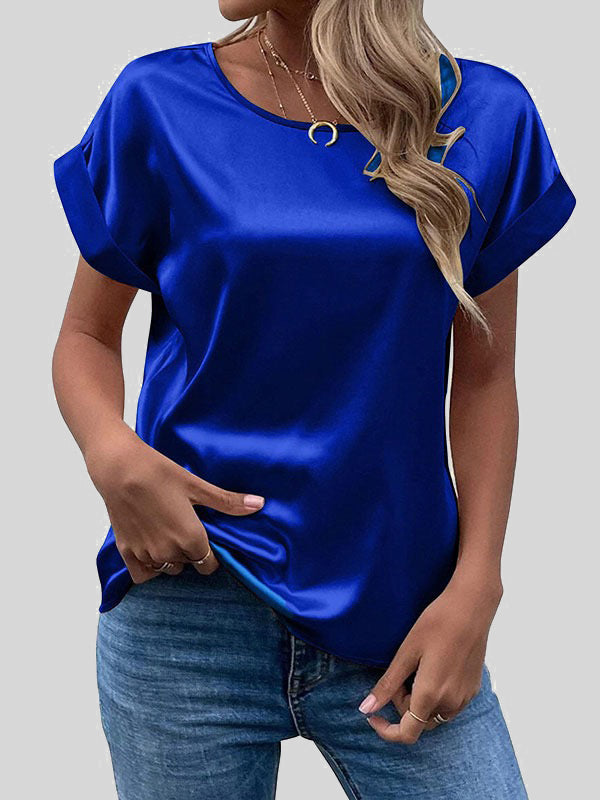 Solid Color Loose Short Sleeves Round-Neck T-Shirts Tops