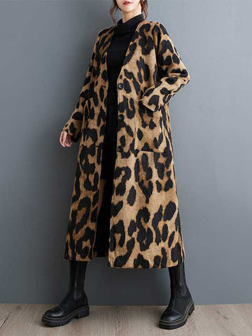 Buttoned Leopard Pockets Split-Joint Long Sleeves Loose V-Neck Trench Coats Outerwear