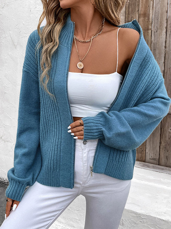 Solid Color Split-Joint Zipper Long Sleeves Loose Stand Collar Cardigan Tops