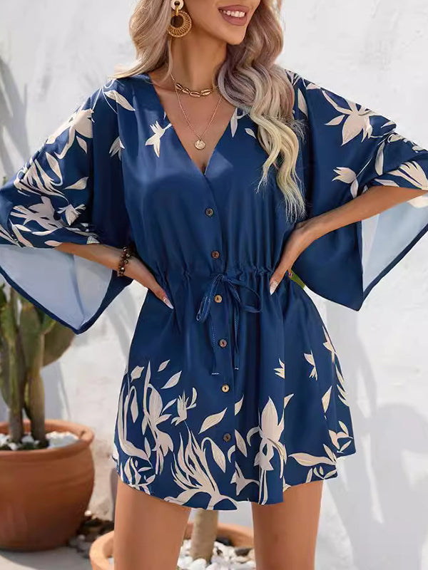 Buttoned Drawstring Leaves Print A-line Half Sleeves V-neck Mini Dresses