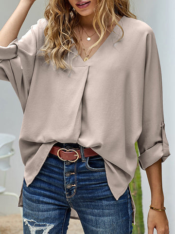 Buttoned Solid Color High-Low Loose V-Neck T-Shirts Tops