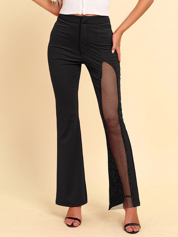 Asymmetric Mesh Split-Joint Zipper High Waisted Pants Flared Trousers