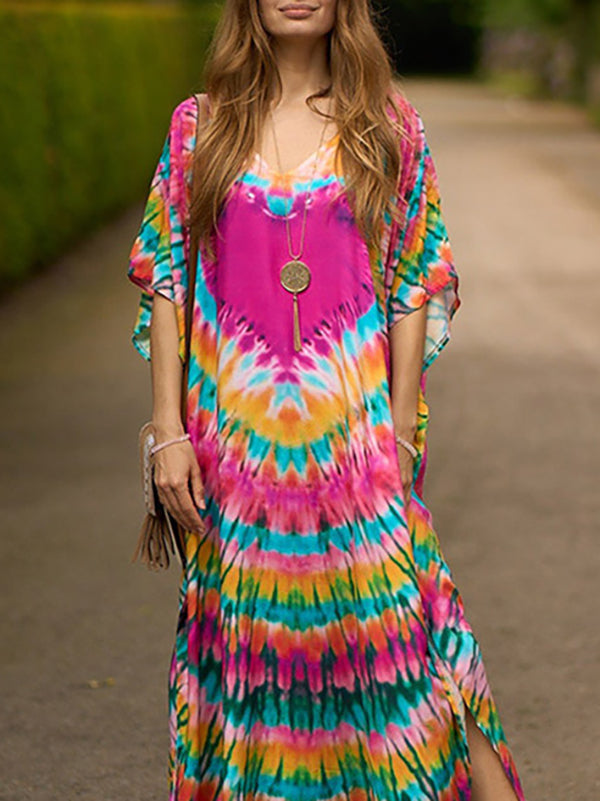 Split-side Tie-dyed Batwing Sleeves Loose V-neck Maxi Dresses Beach Cover-Up