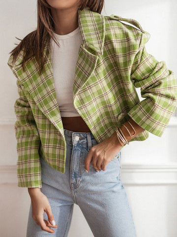 Plaid Split-Joint Long Sleeves Loose Peter Pan Collar Jackets&Coats