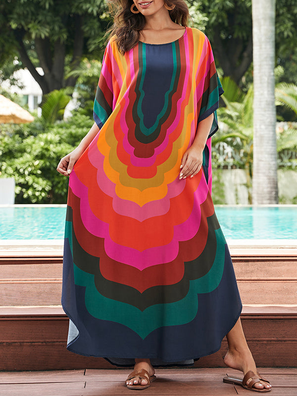 Contrast Color Printed Sun Protection Batwing Sleeves Roomy Round-Neck Maxi Dresses