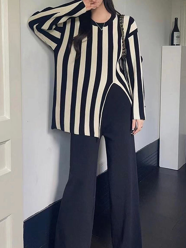 Round-Neck Long Sleeves Loose Pleated Split-Front Striped T-shirt Top + Pants Bottom Two Pieces Set