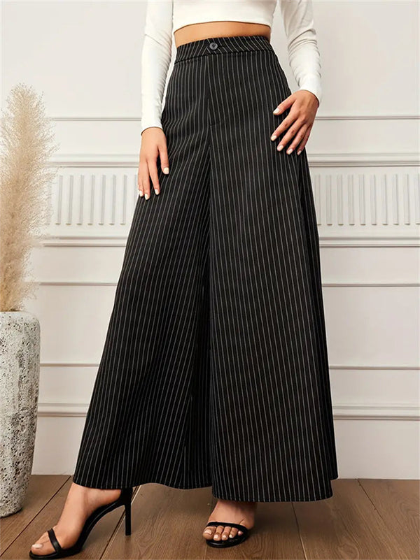 Buttoned Split-Joint Striped High Waisted Wide Leg Trousers Pants