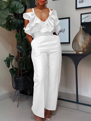 Pleated Pockets Ruffled Solid Color High Waisted Sleeveless Spaghetti-Neck Jumpsuits