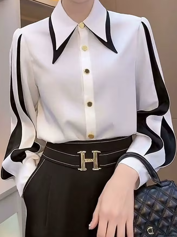 Buttoned Contrast Color Split-Joint Long Sleeves Loose Lapel Blouses&Shirts Tops