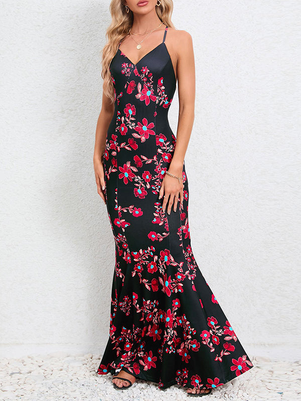 Flower Print Split-Joint Bodycon Mermaid Spaghetti-Neck Maxi Dresses