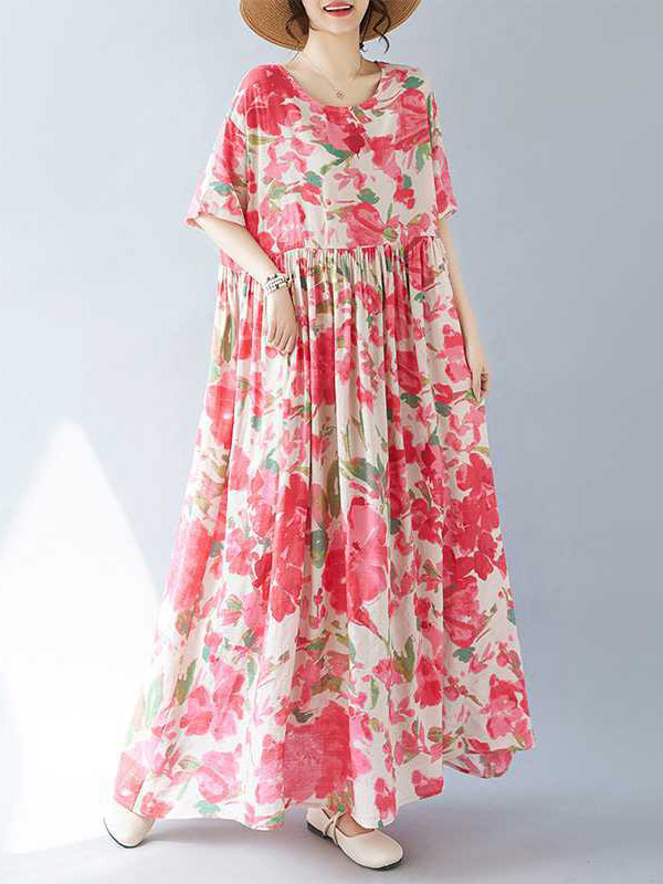 Flower Print Pleated Split-Joint A-line Batwing Sleeves Round-neck Midi Dresses