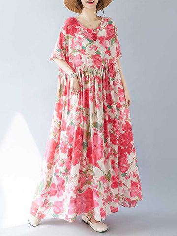 Flower Print Pleated Split-Joint A-line Batwing Sleeves Round-neck Midi Dresses