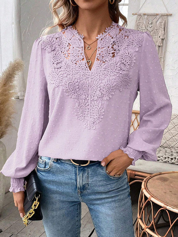 Elasticity Hollow Jacquard Solid Color Split-Joint Loose Puff Sleeves V-Neck Blouses&Shirts Tops