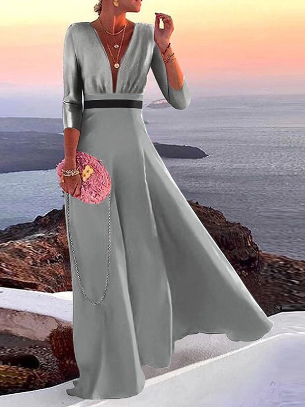 Pleated Split-Joint Loose Three-quarter Sleeves Deep V-Neck Maxi Dresses