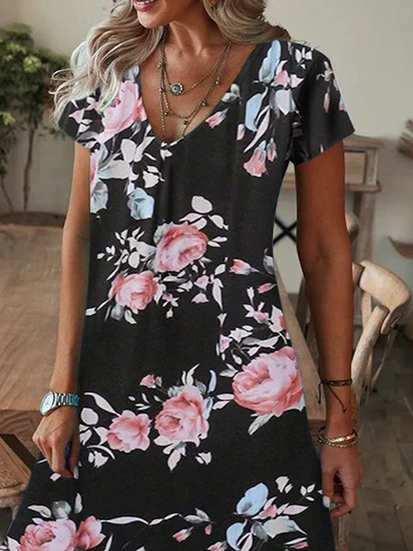 Flower Print Printed Loose Short Sleeves V-neck Mini Dresses