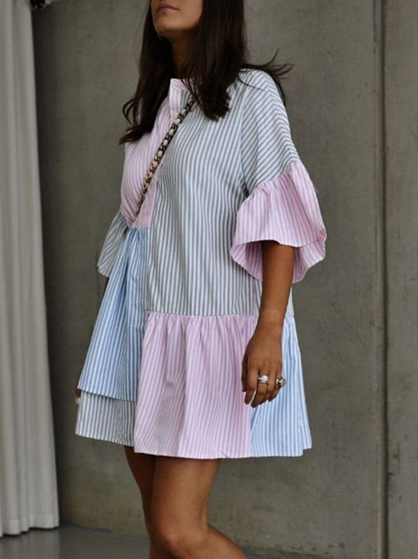 Buttoned Contrast Color Pleated Split-Joint Striped Long Sleeves Loose Stand Collar Shirt Dress Mini Dresses