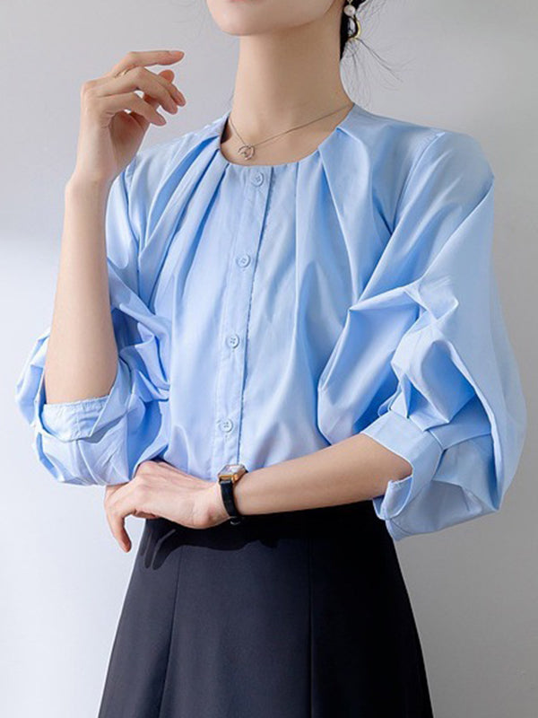 Buttoned Pleated Solid Color Half Sleeves Loose Round-Neck Blouses&Shirts Tops