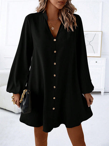 Buttoned Solid Color A-line Long Sleeves V-neck Mini Dresses