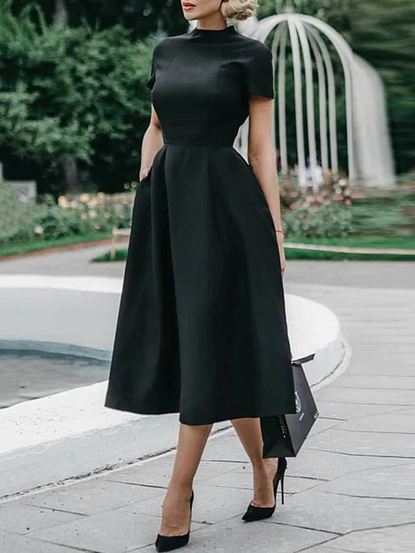 Solid Color Short Sleeves Stand Collar Midi Dresses