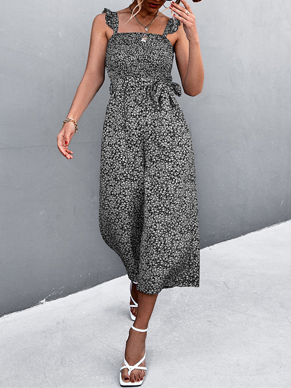 Elasticity Flower Print Tied Waist High Waisted Loose Spaghetti-Neck Jumpsuits