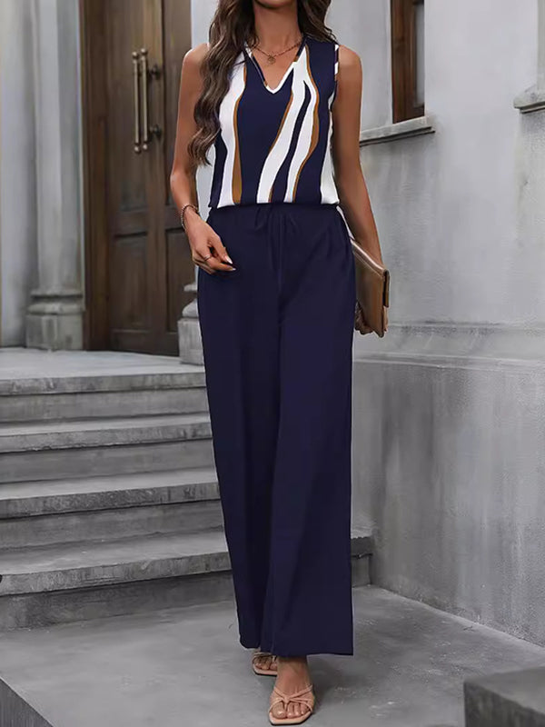 Loose Sleeveless Printed V-Neck Vests + Elasticity High-Waisted Wide Leg Pants Trousers Two Pieces Set