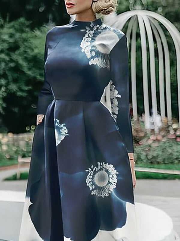 Flower Print Pleated Pockets Split-Joint A-Line Long Sleeves Mock Neck Midi Dresses