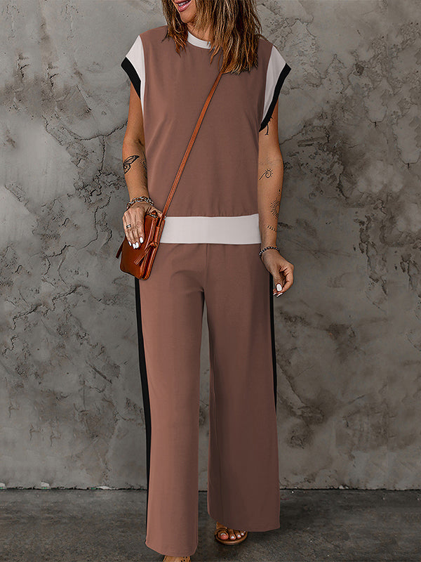 Contrast Color Split-Joint Loose Raglan Sleeve Round-Neck T-shirt Top + Elasticity Pockets Pants Bottom Two Pieces Set