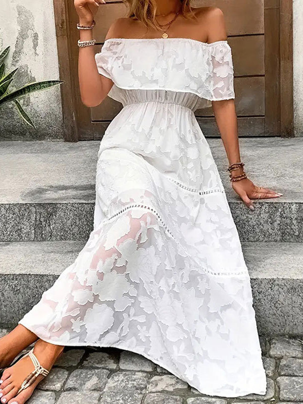 Elasticity Flower Print See-Through Solid Color Split-Joint A-line Loose Off-the-shoulder Midi Dresses