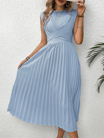 Elasticity Pleated Solid Color Split-Joint Tied Waist Loose Raglan Sleeve Round-neck Midi Dresses