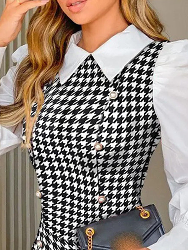 Buttoned Houndstooth Pleated Split-Joint Bodycon High Waisted Lapel Shirt Dress Mini Dresses