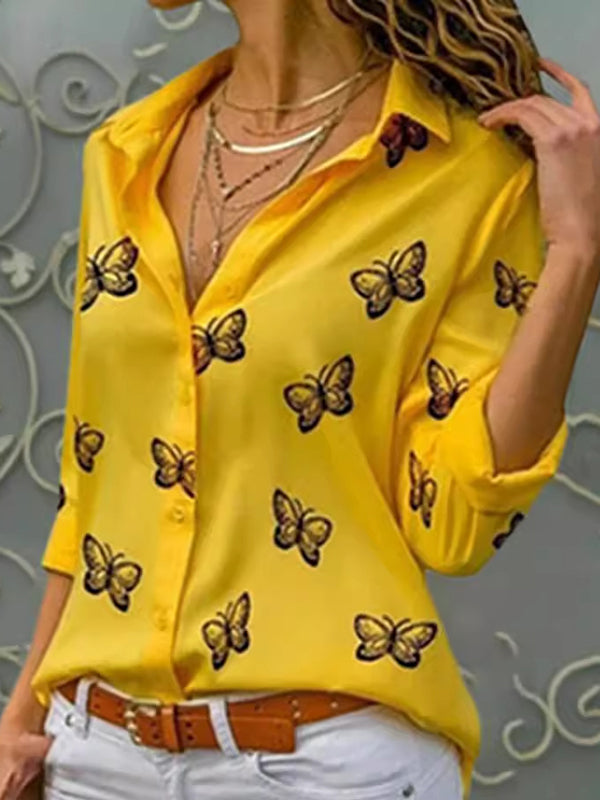 Butterfly Print Buttoned Split-Joint Long Sleeves Loose Lapel Blouses&Shirts Tops