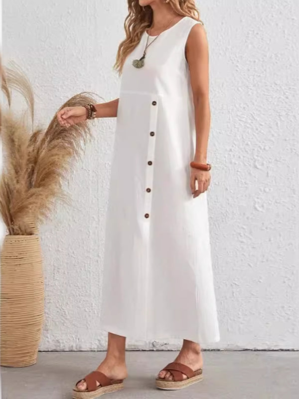 Asymmetric Buttoned Split-front Split-Joint Loose Sleeveless Round-neck Midi Dresses