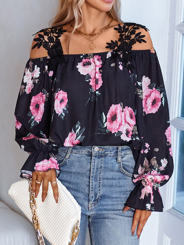 Elastics Floral Printed Hollow Flared Sleeves Loose Cold Shoulder Blouses