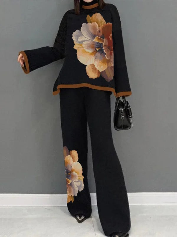 Flower Print High Waisted Loose Trousers Pants