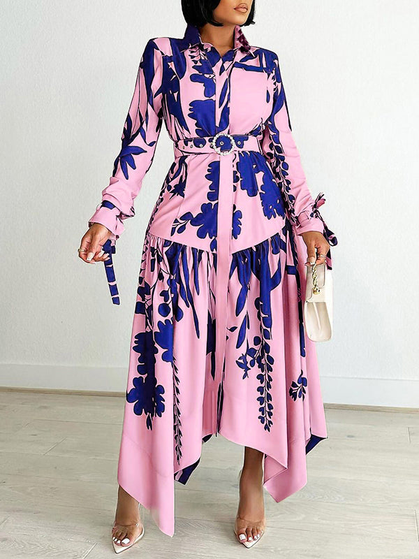 Lace-Up Pleated Printed Split-Joint Tied Waist Irregular clipping Long Sleeves Lapel Shirt Dress Maxi Dresses