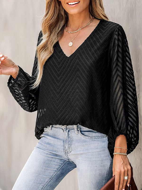 Jacquard Pleated See-Through Split-Joint Loose Puff Sleeves V-neck T-shirts