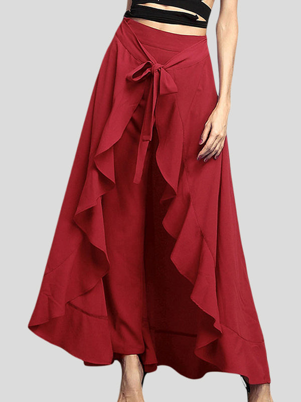 Ruffle Trim Solid Color Split-Joint Tied Waist Zipper Loose Culotte