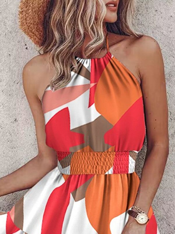 Color-Block Contrast Color Elasticity Split-Joint Loose Sleeveless Halter-Neck Mini Dresses