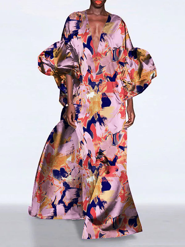 Flower Print Pleated Split-Joint A-Line Long Sleeves V-Neck Maxi Dresses