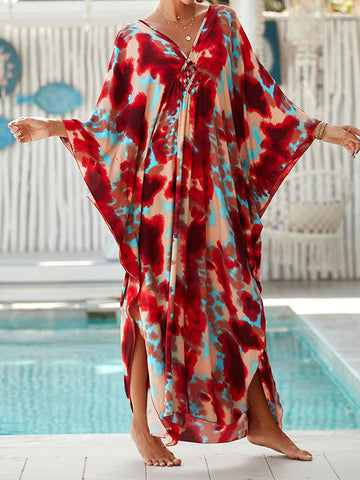 Printed Split-Joint Split-side Sun protection Batwing Sleeves Loose V-neck Maxi Dresses Beach Cover-Up